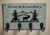 Natural Cleft Green slate keyhook wall plaque, Mountain scene with Moose, "Rocky & Bullwinkle's" inscribed