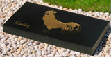 Black slate plaque with gold rooster and 'Clucky' engraved