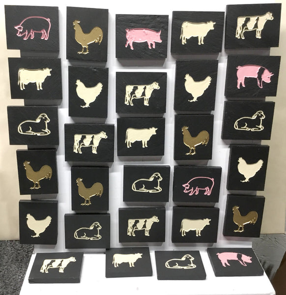 Natural Cleft Black slate farm animal magnets featuring various farm animals