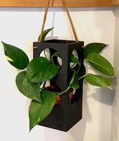 Black slate hanging planter with rawhide hanger