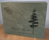 Green slate Katahdin companion cremation urn with inscribed pine tree, linked hearts and personalization