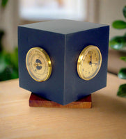 Black slate Spinning Display cube with barometer and clock inserts and wooden base