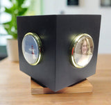 Black slate Spinning Display cube with photo inserts and wooden base