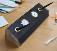 Honed Black Slate desk organizer with wooden edges, clock and thermometer inserts, top view