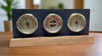 Natural cleft Black slate 3-hole Rangeley weather station with thermometer, barometer, and hygrometer with gold faces on an oak base