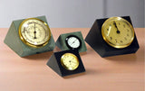 Two green slate and two black slate Little Sebago and Mini Sebago clocks and thermometer with gold and white faces