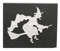 Textured black slate magnet with inscribed witch on broomstick