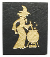 Textured black slate magnet with inscribed witch with cauldron