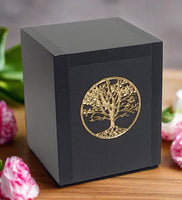 Black Adirondack Jr keepsake urn with gold inscribed tree of life