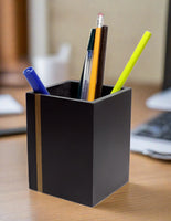 Honed Black slate pencil cup with wooden inlay