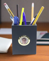 Black slate pencil cup weather station with gold face photo insert