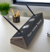 Honed Black Slate desk organizer with wooden edges, two inserts and nameplate illustration